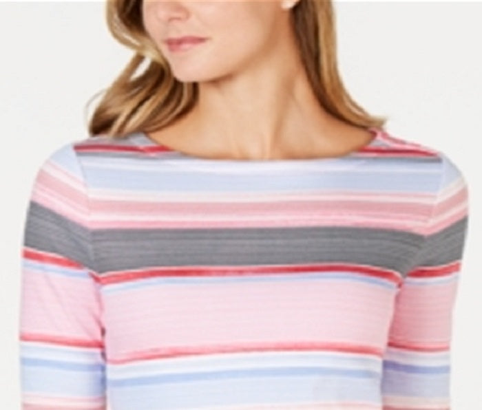 Charter Club Women's Pima Cotton Button Shoulder Stripe Top Pink Size X-Large