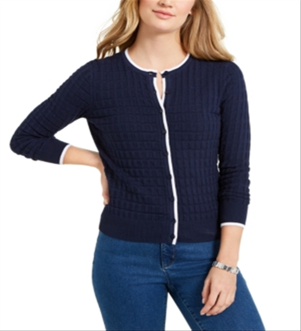 Charter Club Women's Textured Button Down Cardigan Sweater Blue Size Medium