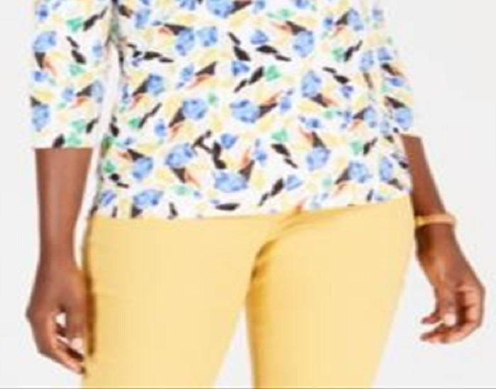 JM Collection Women's 3/4 Sleeve Printed Jacquard Top White Size Small