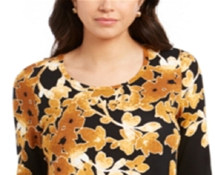 JM Collection Women's Printed Scoop Neck Top Yellow Size X-Small