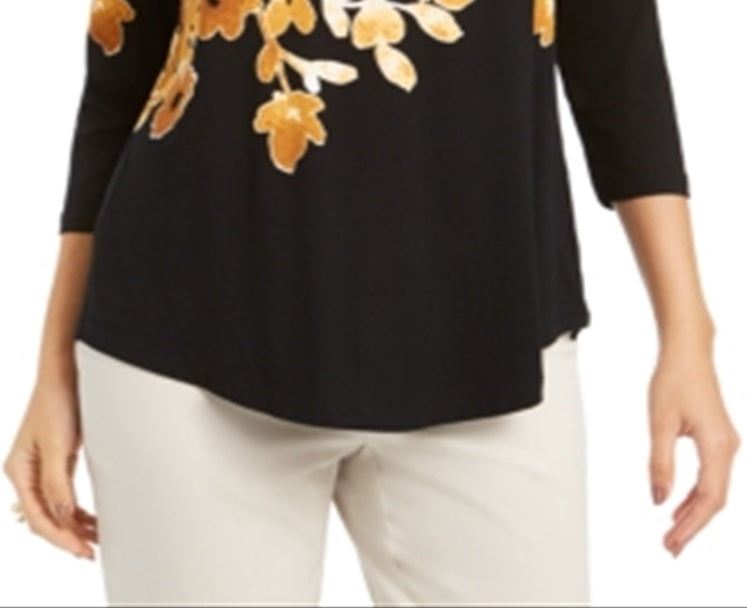 JM Collection Women's Printed Scoop Neck Top Yellow Size X-Small