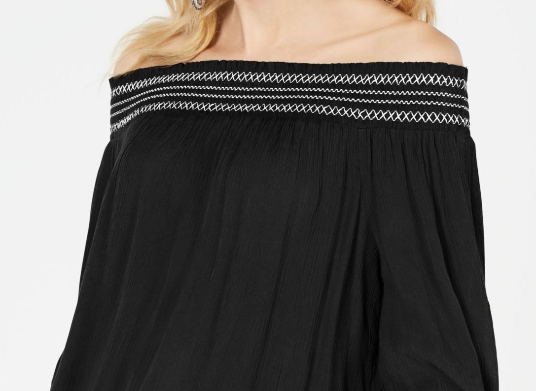 INC International Concepts Women's Ribbed 3/4 Sleeve Off Shoulder Blouse Black Size X-Small