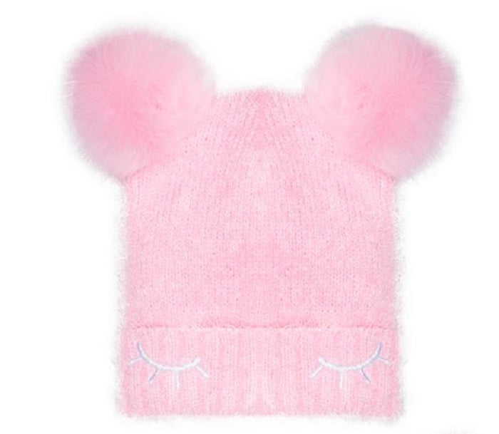 ABG Big Girl's 2 Pc Faux Fur Poms Hat & Gloves Set Pink Size 7-14