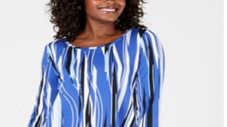JM Collection Women's Printed 3/4 Sleeve Top Blue Size Medium