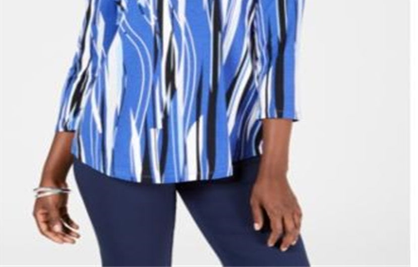 JM Collection Women's Printed 3/4 Sleeve Top Blue Size Medium