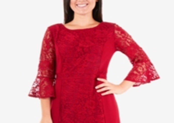 NY Collection Women's Lace Flounce Hem Shift Dress Red Size Small