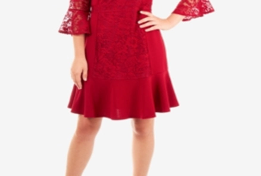 NY Collection Women's Lace Flounce Hem Shift Dress Red Size Small