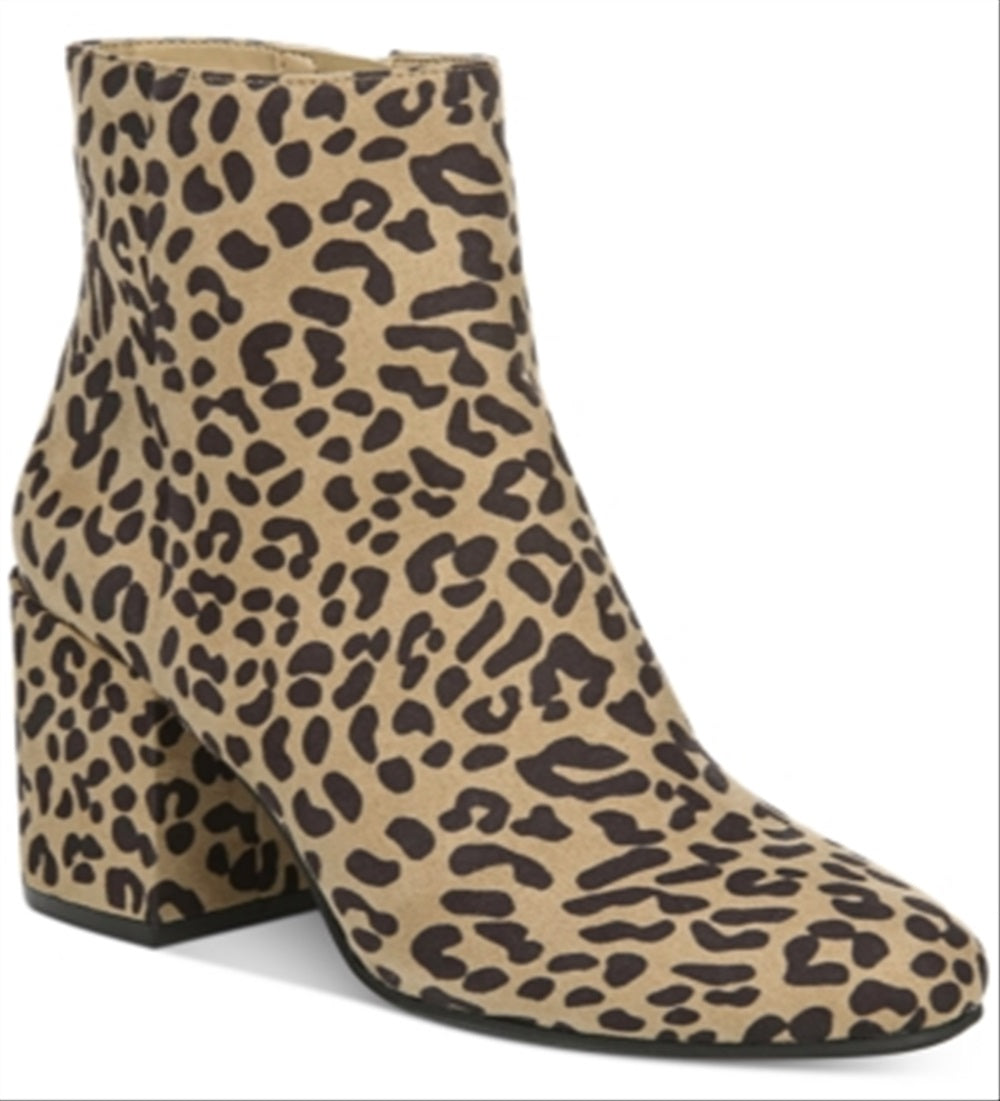 Bar III Women's Leopard Print Comfort Gatlin Almond Toe Block Heel Zip up Booties Brown Size 7.5 M
