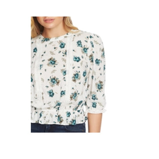 1.STATE Women's Floral-Print Lace-Inset Top Ivory Multi Size Small