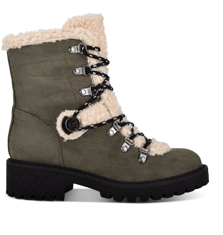GBG Women's Faux Fur Trim D Ring Sherry Round Toe Lace up Combat Boots Gray Size 7 M