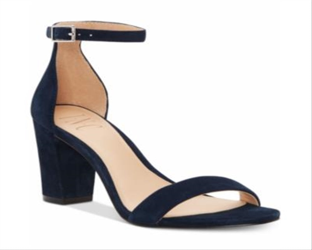 INC International Concepts Women's Round Toe Block Heel Buckle Leather Dress Sandals Blue Size 6.5 M