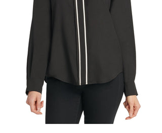 DKNY Women's Contrast Placket Blouse Black Size X-Large