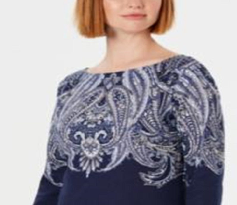 Karen Scott Women's Paisley Boat Neck Top Blue Size Petite