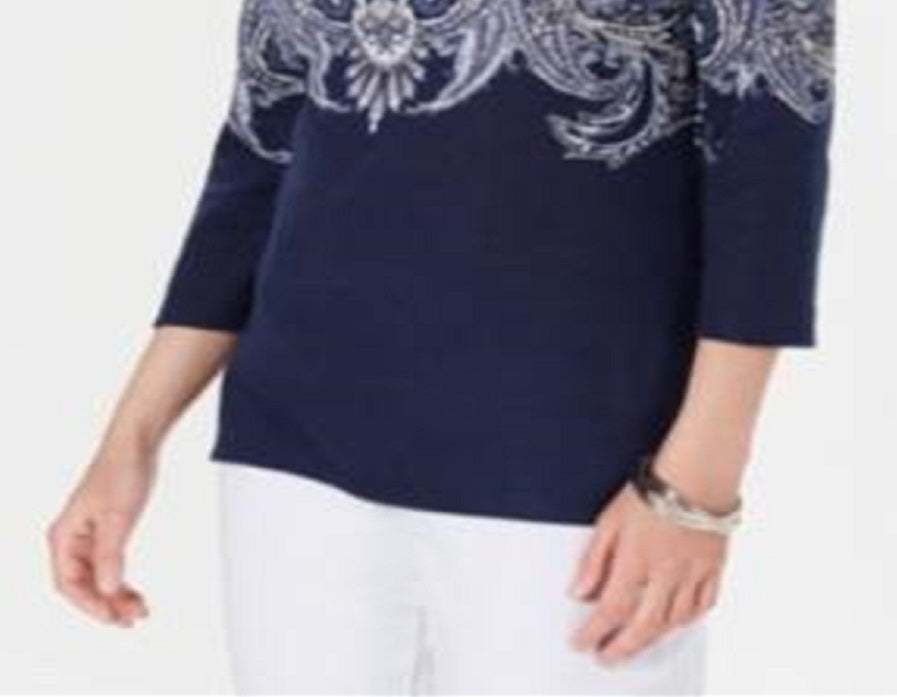 Karen Scott Women's Paisley Boat Neck Top Blue Size Petite