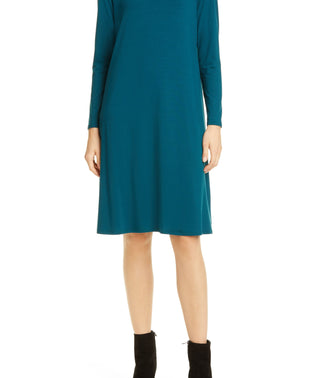 Eileen Fisher Women's Bateau Neck Long Sleeve Dress Blue Size Petite Medium