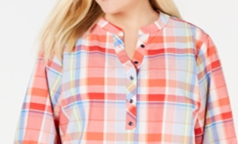 Tommy Hilfiger Women's Plaid Button Front Popover Blouses Orange Size XXXL