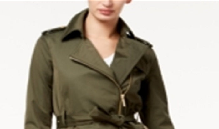 Michael Kors Women's Belted Zippered Pocketed Rain Coat Jacket Green Size Small