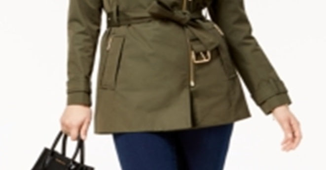 Michael Kors Women's Belted Zippered Pocketed Rain Coat Jacket Green Size Small