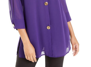 Alfani Women's Semi Sheer 3/4 Sleeve Blouse Purple Size Petite Small