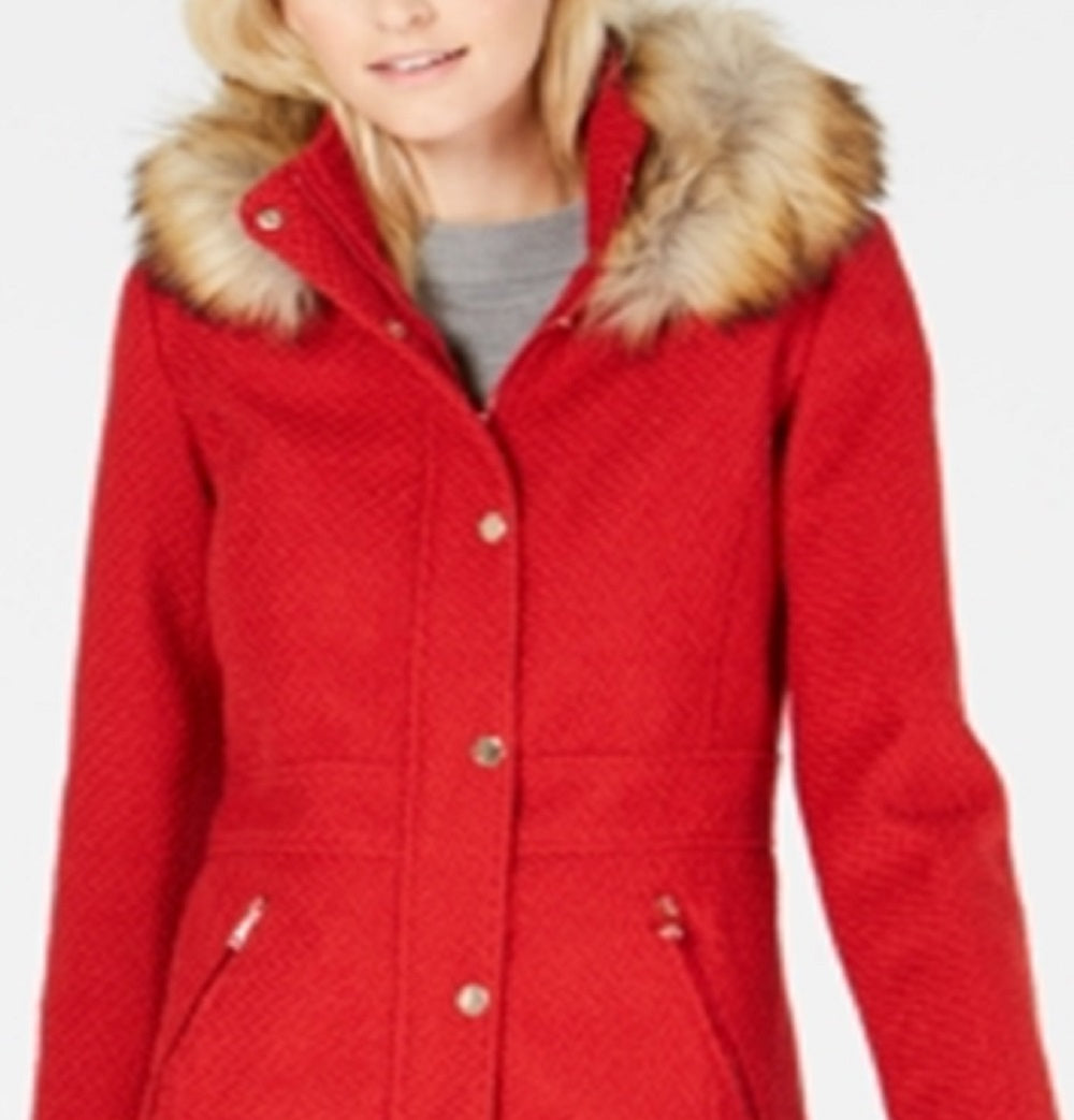 INC International Concepts Women's Faux Fur Trim Woven Coat Red Size Small