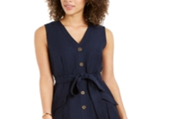 Charter Club Women's Linen Blend Button Front Dress Blue Size 12