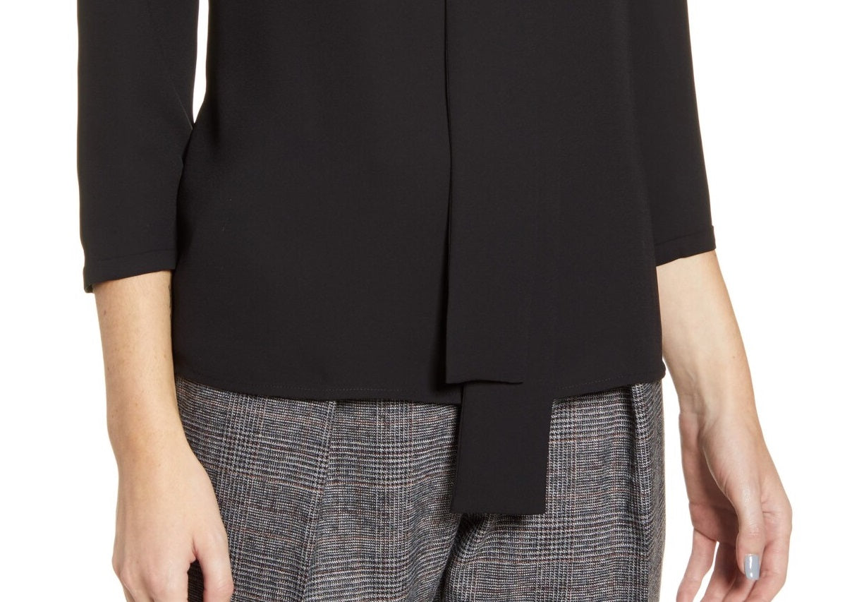 Anne Klein Women's Long Sleeve Tie Neck Top Black Size Small