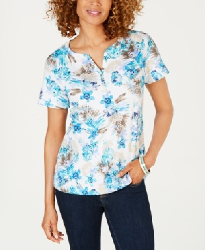 Karen Scott Women's Bristol Printed Split Neck Top Blue Size Medium