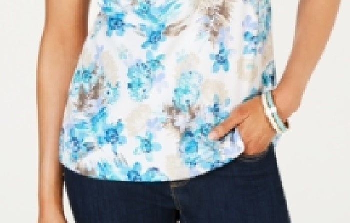 Karen Scott Women's Bristol Printed Split Neck Top Blue Size Medium