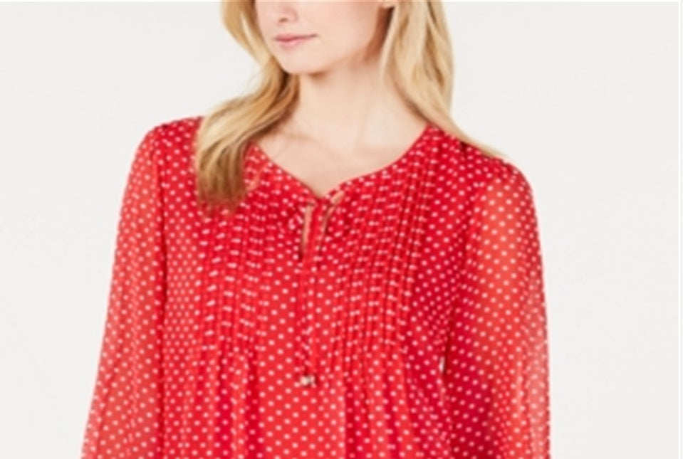 Tommy Hilfiger Women's Long Sleeve Bayview Dot Pintuck Top Red Size Small