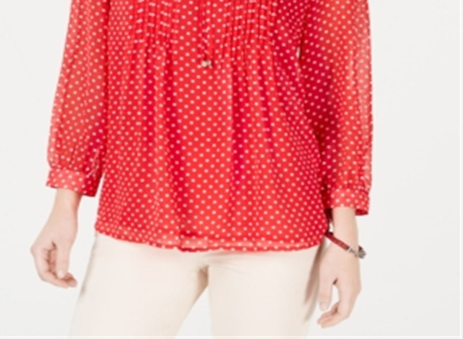Tommy Hilfiger Women's Long Sleeve Bayview Dot Pintuck Top Red Size Small