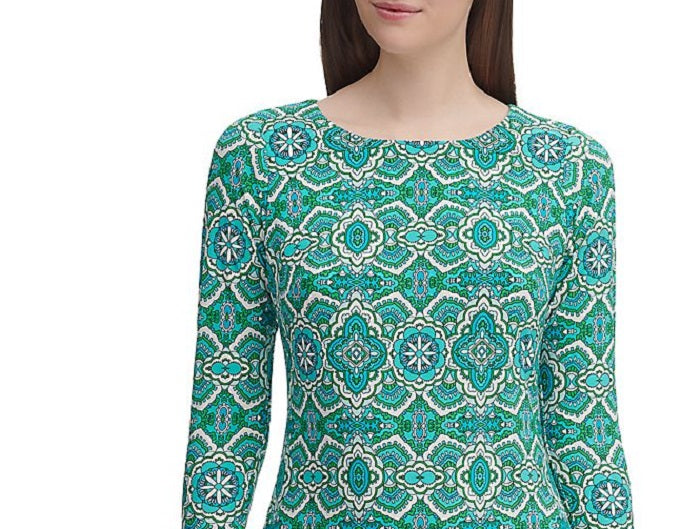 Tommy Hilfiger Women's 3/4 Sleeve Jewel Neck Knee Length Shift Dress Green Size 6