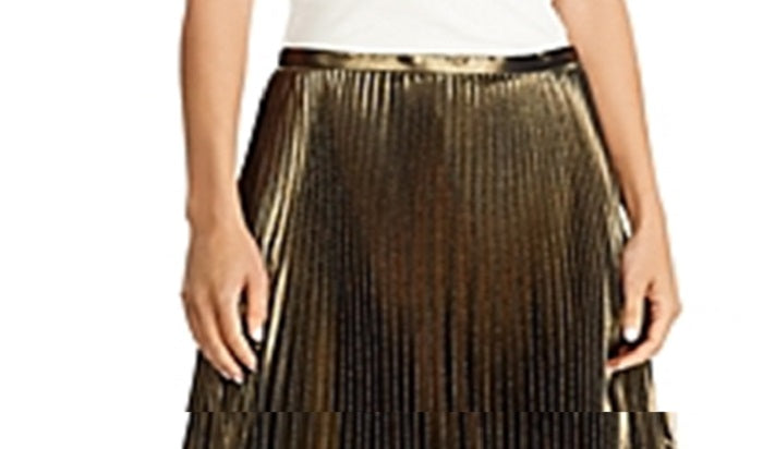 Ralph Lauren Women's MIDI Skirt Metallic Pleated -Gold Size 16
