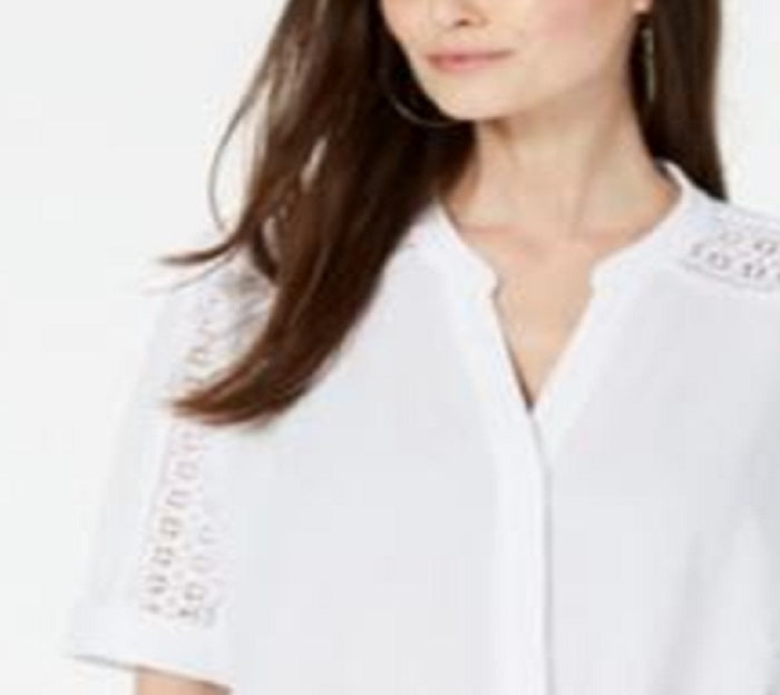 Alfani Women's Lace Inset Tie Front Top White Size Petite S