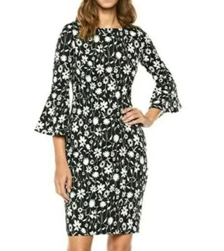 Calvin Klein Women's Below the Knee Body Con Black & White Floral Bell Sleeve Dress Size 14