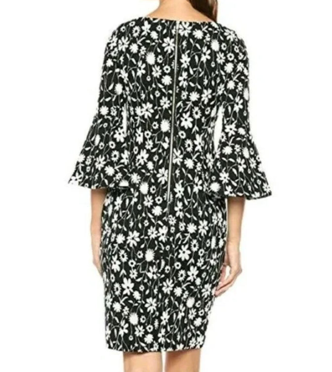 Calvin Klein Women's Below the Knee Body Con Black & White Floral Bell Sleeve Dress Size 14