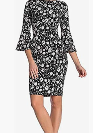 Calvin Klein Women's Below the Knee Body Con Black & White Floral Bell Sleeve Dress Size 14