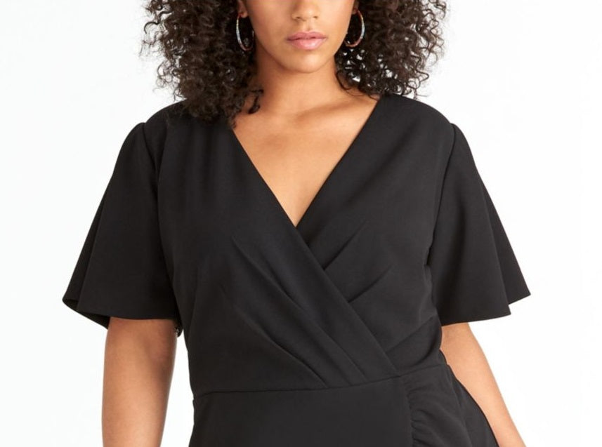 Rachel Roy Women's Ruffled Short Sleeve V Neck Tea Length Faux Wrap Wear to Work Dress Black Size 16W