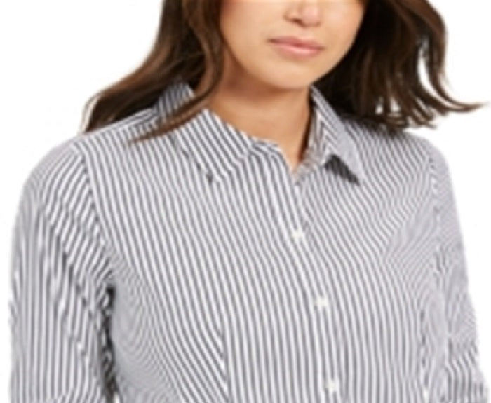 Charter Club Women's Striped Cuffed Collared Button up Wear to Work Top Black Size 4