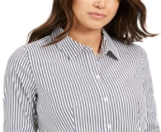 Charter Club Women's Striped Cuffed Collared Button up Wear to Work Top Black Size 4