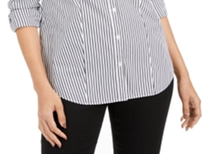 Charter Club Women's Striped Cuffed Collared Button up Wear to Work Top Black Size 4