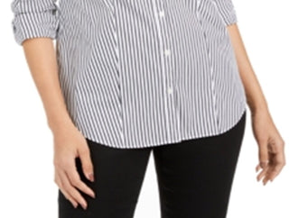 Charter Club Women's Striped Cuffed Collared Button up Wear to Work Top Black Size 4