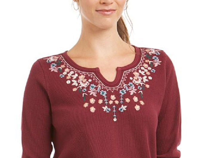 Style & Co Women's Embroidered Split Neck Cotton Thermal Top Brown Size XX-Large
