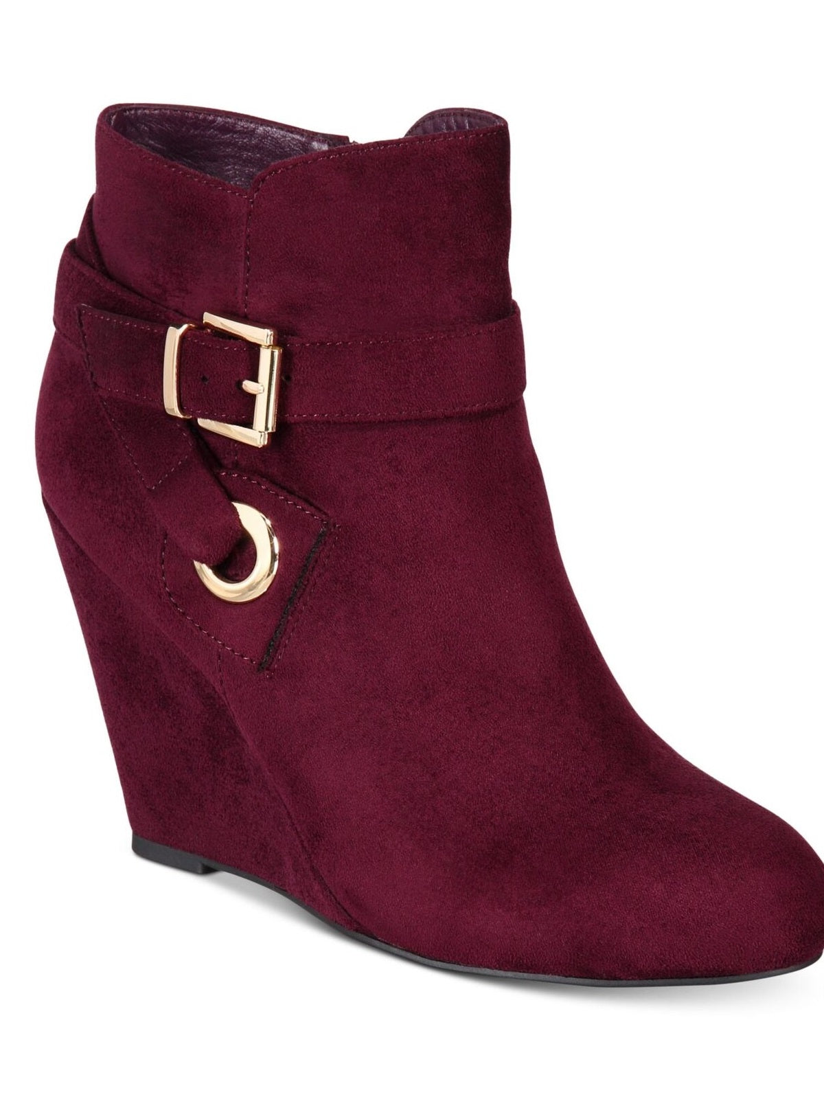 Rebel by Zigi Women's  Wrapping Buckle Strap Grommet Hardware Keylie Round Toe Wedge Zip-up Booties Burgundy Size 9