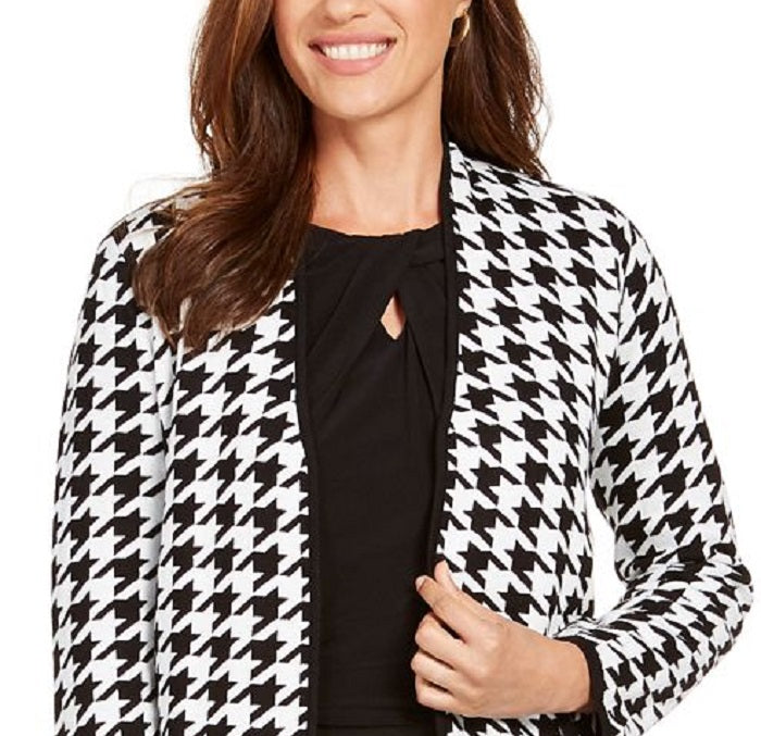 Kasper Women's Houndstooth Print Open Front Topper Jacket Black Size Medium