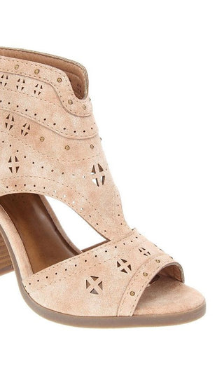 Sugar Women's Studded Cushioned Perforated Viveca Almond Toe Block Heel Zip up Booties Beige Size 8 M