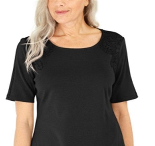 Karen Scott Women's Cotton Crochet Front Top Black Size Small