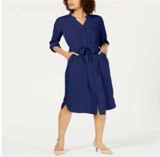 Alfani Women's 3/4 Sleeve Belted Shirtdress Blue Size 4 Petite