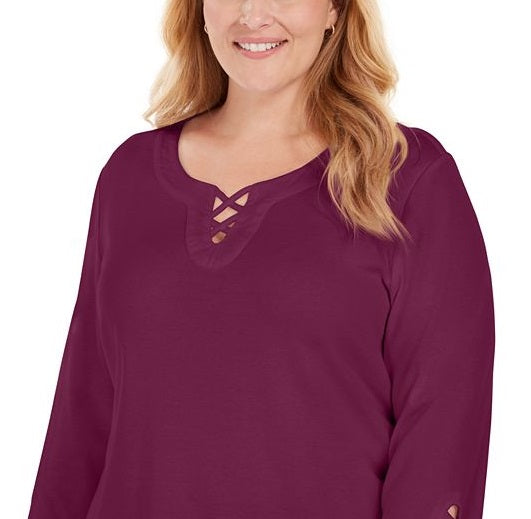 Karen Scott Women's Plus Cotton Crisscross Trim Top Purple Size 3XL