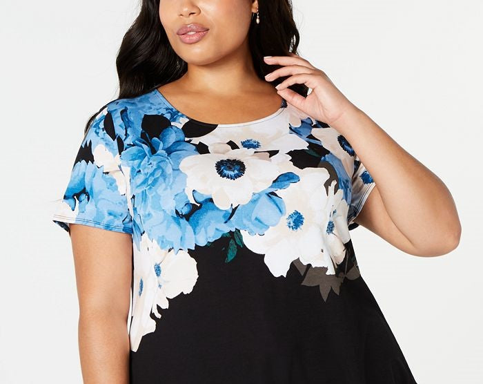 Alfani Women's Floral Jewel Neck Casual Top Blue Size 0X
