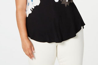 Alfani Women's Floral Jewel Neck Casual Top Blue Size 0X